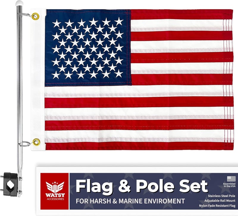 WATSY Boat Flag Pole Kit – 12x18 Embroidered USA Flag + Stainless Pole & Clips | Marine-Grade, High Wind-Resistant, for Pontoon, Yacht, Deck Mount (USA Kit 12x18 Inch) - Image 1